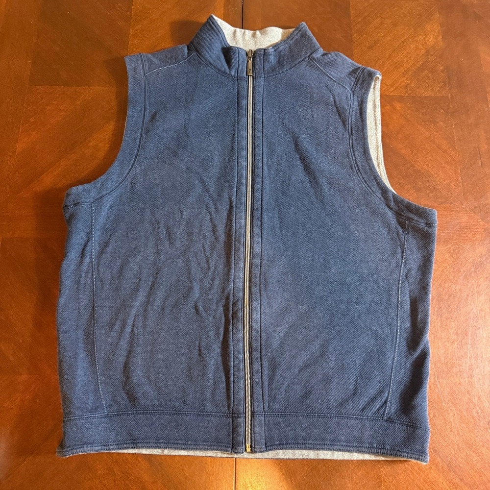 Tommy Bahama Mens Blue Cotton Tencel Full Zip Mock Neck Vest Marlin Logo
